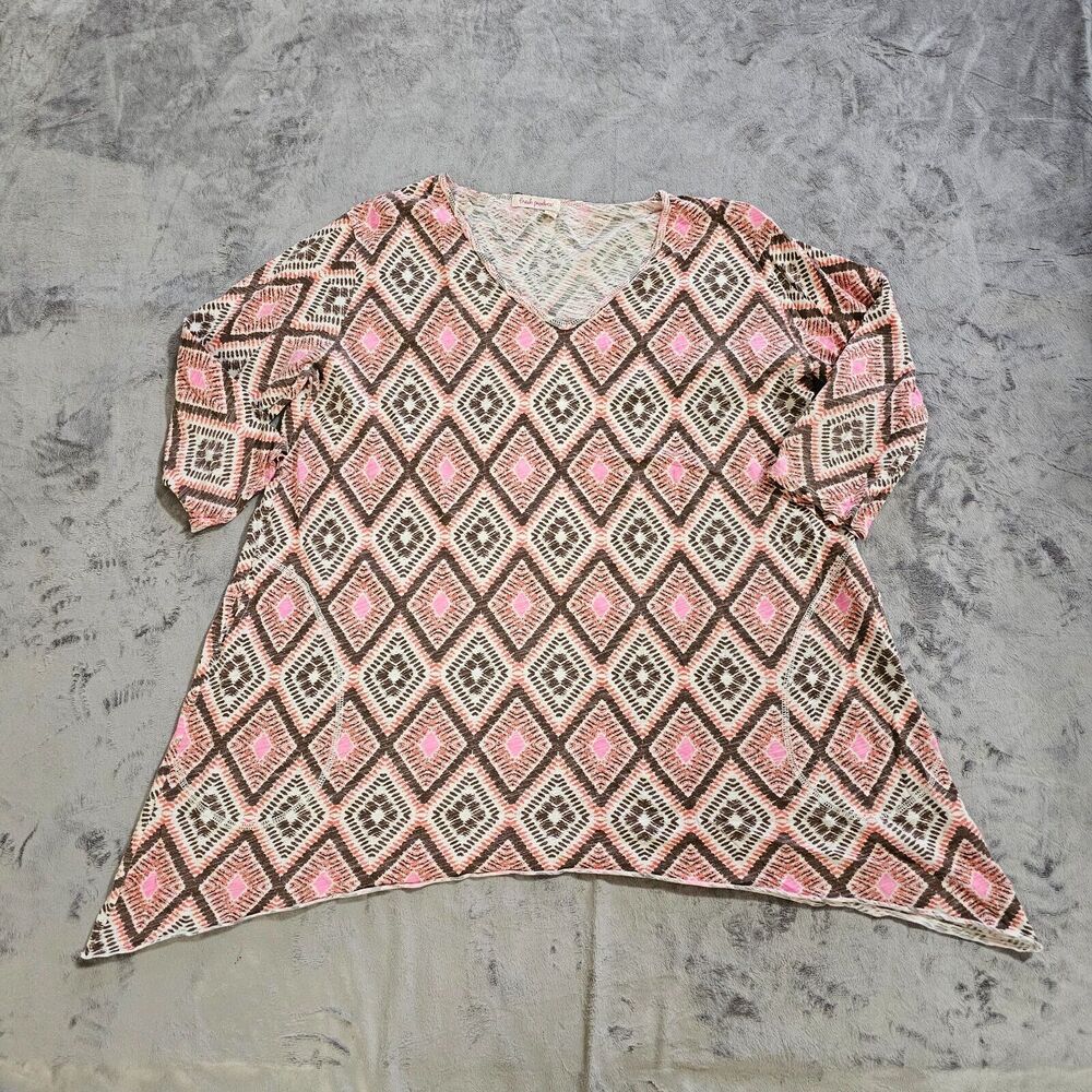Fresh Produce Top Shirt Womens XL Pink Brown Short Sleeve Flowy A Line Casual
